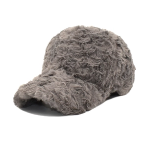 Detail view showing soft plush texture of dark grey faux fur winter baseball cap