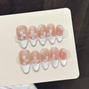 Handmade Press On Nails 3D White Flower French Tip Almond Shape Elegant Luxury Nude Pink False Nails For Women