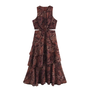 Vestito Lungo Allacciato Al Collo Stampa Paisley Per Donna Chiffon Aperture Volant A Strati Stile Boho Retro