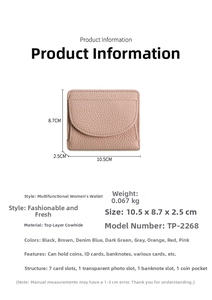 Portefeuille en cuir rose grainé avec dimensions 10,5x8,7x2,5cm et détails internes