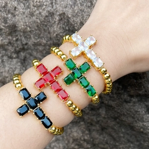 Copper Gold Plated Beaded Bracelet With Colorful Zircon Cross Pendant Religious Elastic Fashion Jewelry For Women