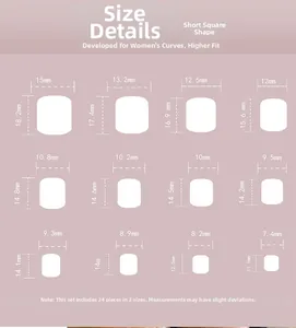 Size chart showing 12 dimensions for short square white French press-on nails