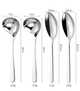 Detailed size chart for 304 stainless steel serving spoons and slotted ladles set