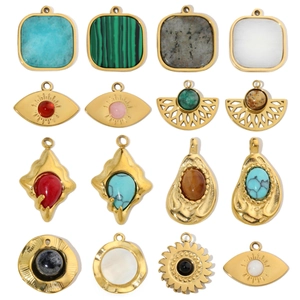Vintage DIY Jewelry Pendants Stainless Steel Natural Stone Sun Eye Fan Square Shape Bohemian Charms For Women Necklace