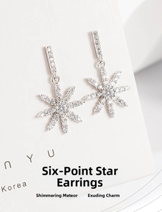 Macro shot of silver snowflake earrings with sparkling cubic zirconia on a white card