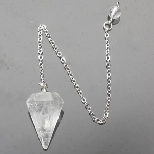 Natural clear quartz hexagonal prism pendulum with fine silver chain and small metal bead