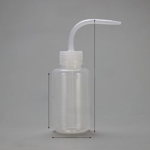 Detailed view of 250ml LDPE squeeze bottle with curved nozzle and clear scale markings