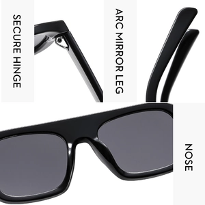 Detail view of secure hinges and curved arc mirror legs on black pilot sunglasses