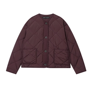 Quilted round neck jacket in deep purple with diamond stitching and front pockets