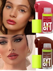 Detail showing Jolly Jojo clear lip gloss shades 05 and 06 on lips and applicator