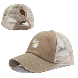 Detail of vintage baseball cap with daisy embroidery, ponytail hole, and breathable mesh