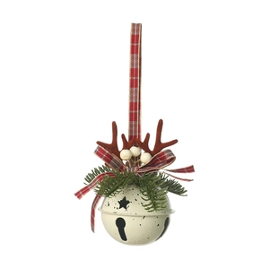 Christmas bell ornament with pine needles red plaid bow and brown antlers decor