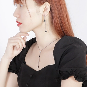 Silver multi-layer Y-necklace and earrings set with black triangle pendants and zircons