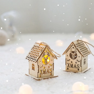 Christmas Wooden House Hanging Ornament LED Light Up Glowing Wood Cabin Xmas Tree Decor Hollow Out Santa Deer Pattern