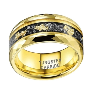 Faceted tungsten carbide ring with gold foil and black stone inlay for men