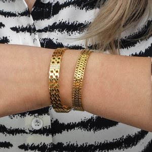 Double-layered gold chain open bracelet featuring cubic zirconia rectangular accents