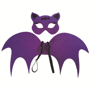 Flat lay detail of purple felt bat wing and mask set for Halloween cosplay