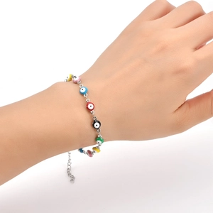 Detailed shot of silver evil eye bracelet with colorful enamel beads and adjustable clasp