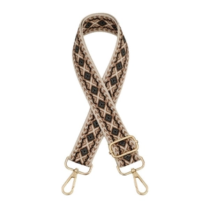 Ethnic style beige woven bag strap with geometric patterns and gold metal clasps