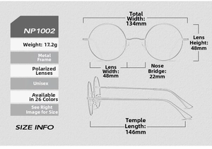 Detailed sizing chart and measurements for round polarized metal frame sunglasses