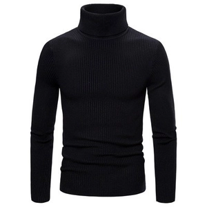 Men's slim fit black turtleneck sweater with premium vertical ribbed knit texture