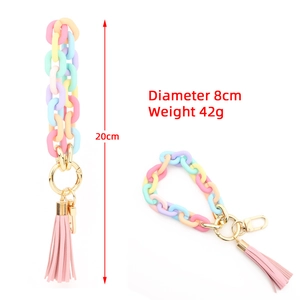 Colorful acrylic chain link keychain with macaron charms and pink tassel ornament