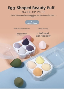 Macro detail of soft makeup sponge set in a four-slot clear storage box container