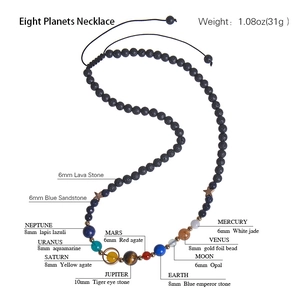 Solar System Eight Planets Necklace with lava stone and natural gemstones on white background