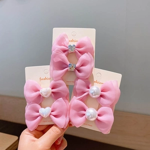 Handmade pink chiffon bow hair clip set with pearls and rhinestones for girls
