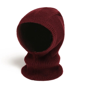 Detailed texture of burgundy ribbed knit balaclava hood showing soft warm fabric