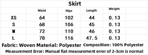 Size chart for printed long sleeve shirt and skirt set with fabric and measurement details
