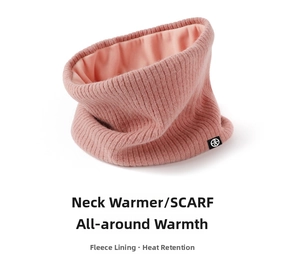 Close-up of pink knit neck warmer with thick fleece lining and ribbed texture detail