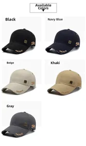 Close-up of five cotton baseball caps in black, navy, beige, khaki, and grey with embroidery