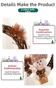 Detail of Christmas wreath with snowman figurine, pine needles and golden ornaments