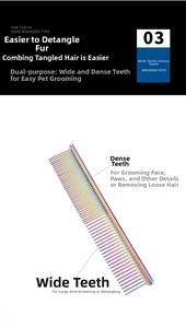 Close-up of rainbow pet grooming comb with fine and wide steel teeth for dogs and cats