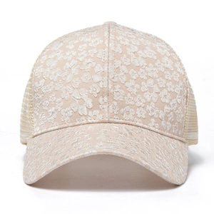 Beige floral lace mesh baseball cap for women with breathable sun protection design