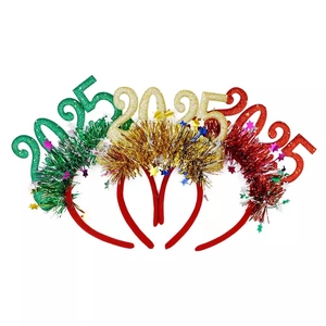 Set of 3 sparkly 2025 New Year headbands in red, green, and gold for party celebrations