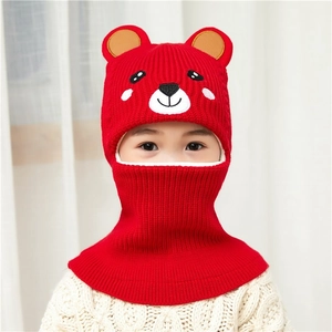 Red hooded knit scarf for kids with cute bear ears and cartoon embroidery winter warm hat