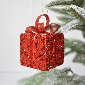 Sparkly red glitter gift box ornament with ribbon bow for Christmas tree decoration