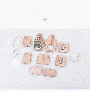 Unassembled DIY Christmas wooden light-up cabin kit with LED module and reindeer motifs
