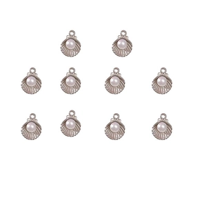 Set of 10 silver metal shell charms with central pearl inlay for DIY jewelry crafts