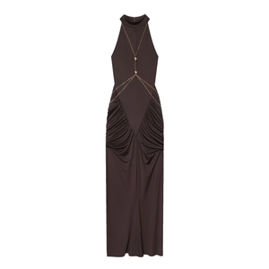 Halter Neck Maxi Dress Women Ruched Slim Fit Sleeveless Chocolate Brown Polyester Golden Chain Waist Decor