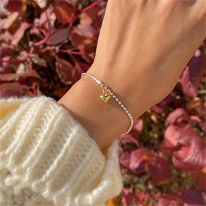 925 Sterling Silver Bracelet Gold Heart Pendant Spliced Snake And Bead Chain Minimalist Jewelry For Women