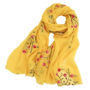 Elegant yellow chiffon sun protection scarf featuring pink floral embroidery patterns