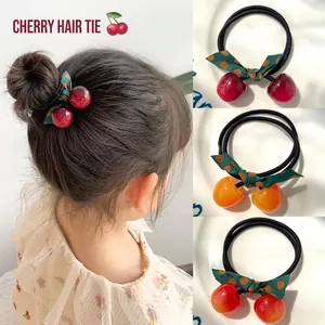 Cute Cherry Hair Ties With Acrylic Fruit Pendant And Polka Dot Bow High Elastic Rubber Band Sweet Decor For Girls Kids