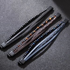 Mens multilayer woven leather bracelet with tiger eye beads and magnetic clasp in three colors