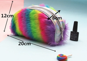 Rainbow plush makeup bag detail showing 20x12x6cm size dimensions and silver metal zipper
