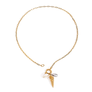 Collana a graffetta in acciaio inox 18K con ciondoli a conchiglia e chela di granchio
