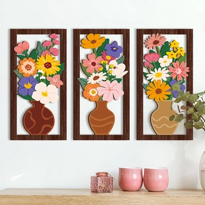 Lot de 3 décorations murales 3D en bois avec fleurs vintage et style bohème chic