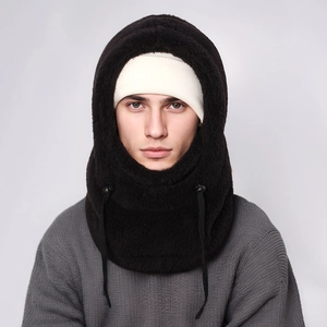 Detail of black plush balaclava with adjustable drawstring for winter thermal protection